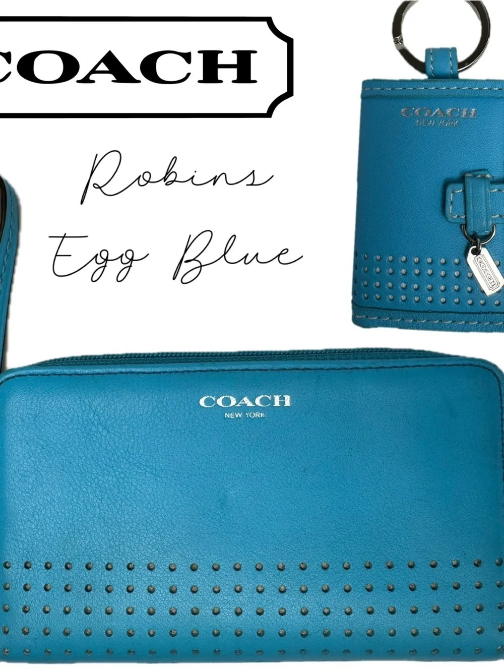 Coach Robins Egg Blue Y2K Vintage Perforated Wallet And Picture Frame Keychain